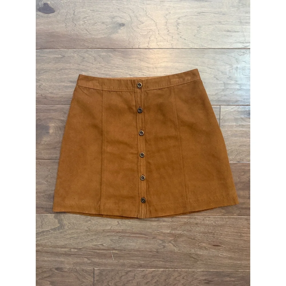 Hollister Brown Faux Suede Button Front Mini Skirt Size 1 Cognac A-Line Boho
